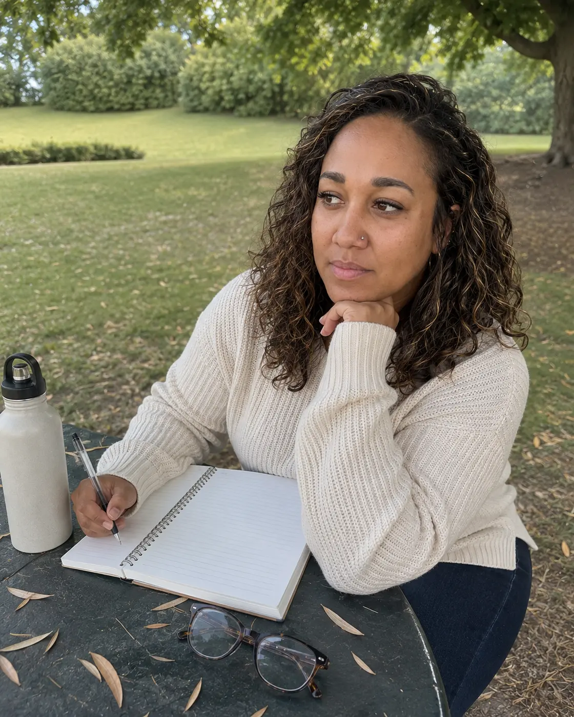 Erica Rivera writing at a park table