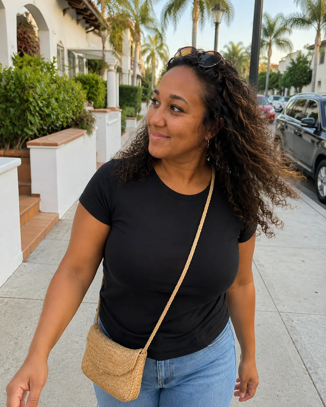Erica Rivera walking on a palm-lined street