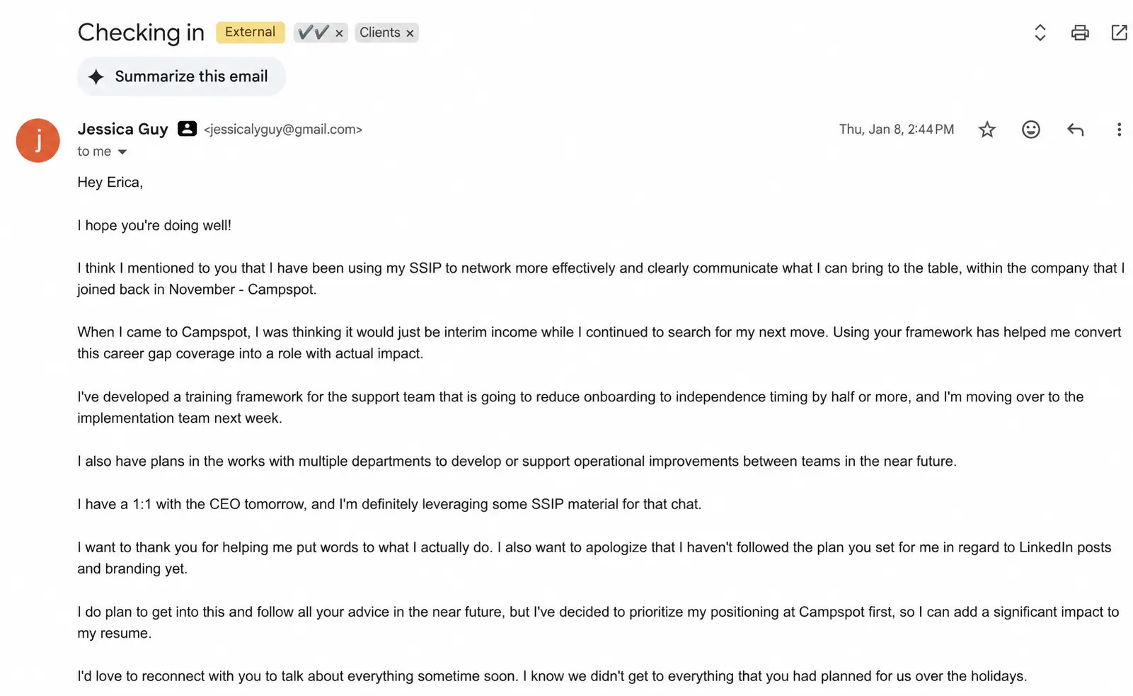 Email from Jessica Guy describing how Erica’s SSIP framework helped her communicate her value, create impact at Campspot, and prepare for a conversation with the CEO
