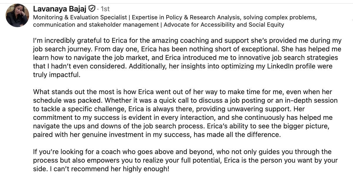 Recommendation from Lavanaya Bajaj, Monitoring and Evaluation Specialist