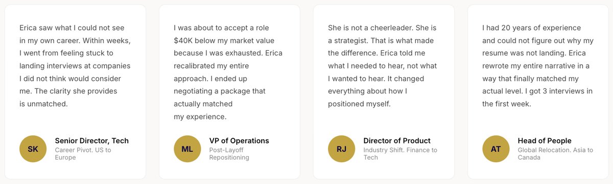 Client testimonials: Senior Director in Tech, VP of Operations, Director of Product, and Head of People