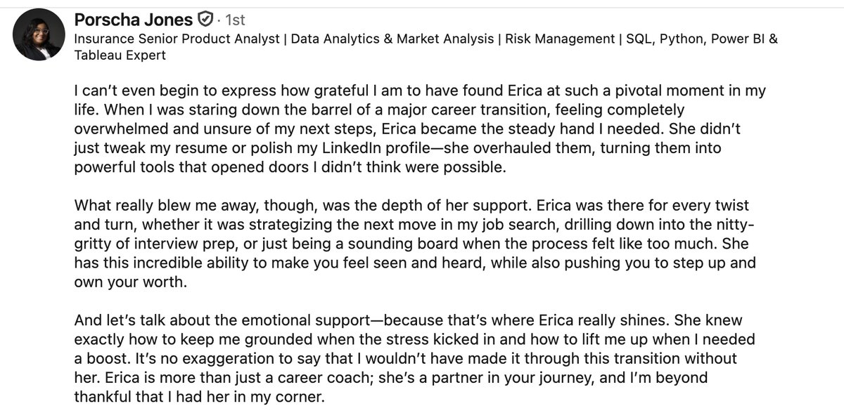 Recommendation from Porscha Jones, Insurance Senior Product Analyst