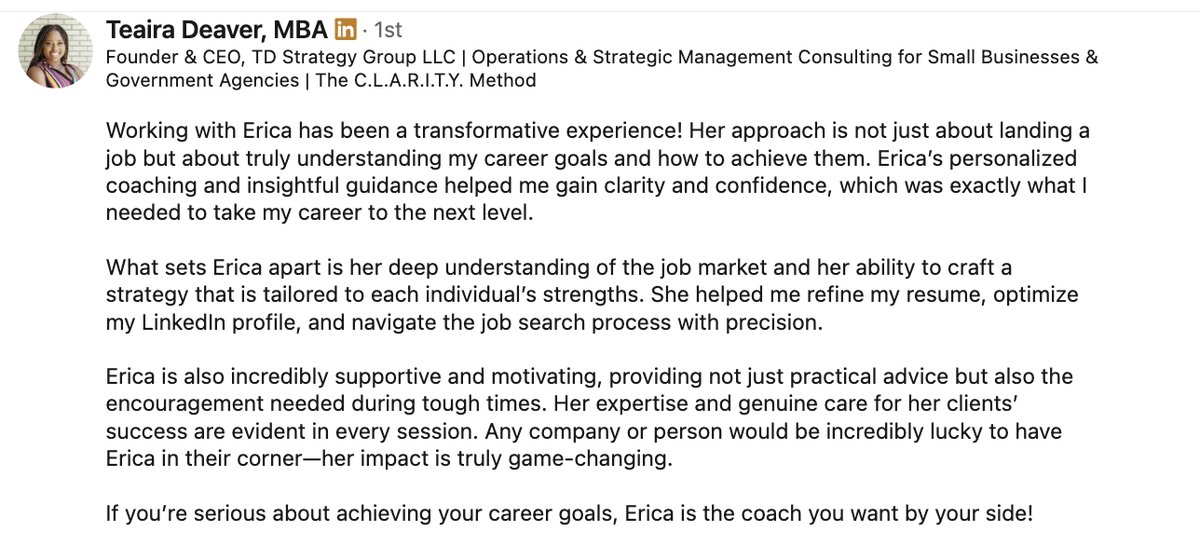Recommendation from Teaira Deaver, MBA, Founder and CEO of TD Strategy Group