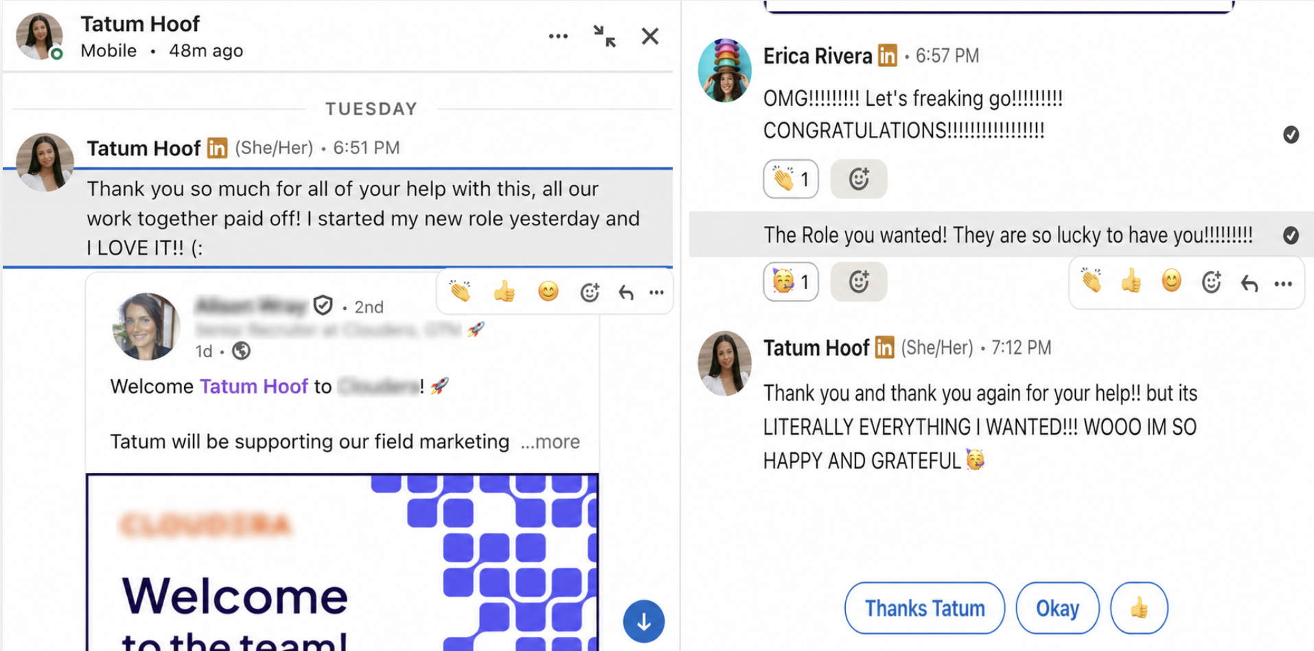 LinkedIn message from Tatum Hoof thanking Erica after starting her new role at Cloudera